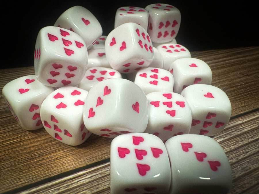 Opaque White/Pink 16mm D6 Dice with Heart Pips (sold per piece) -