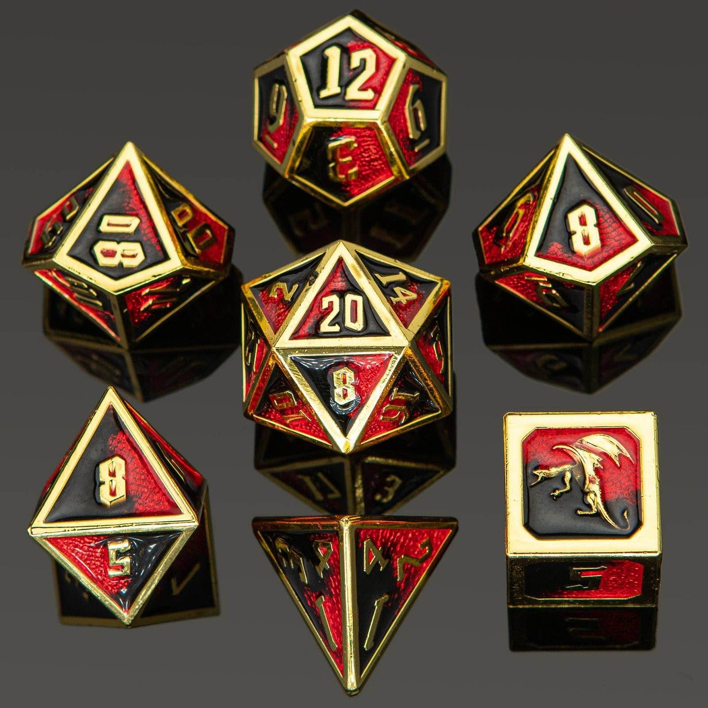 Draconis Solid Metal Polyhedral Dice Set - Gold, Red & Black -