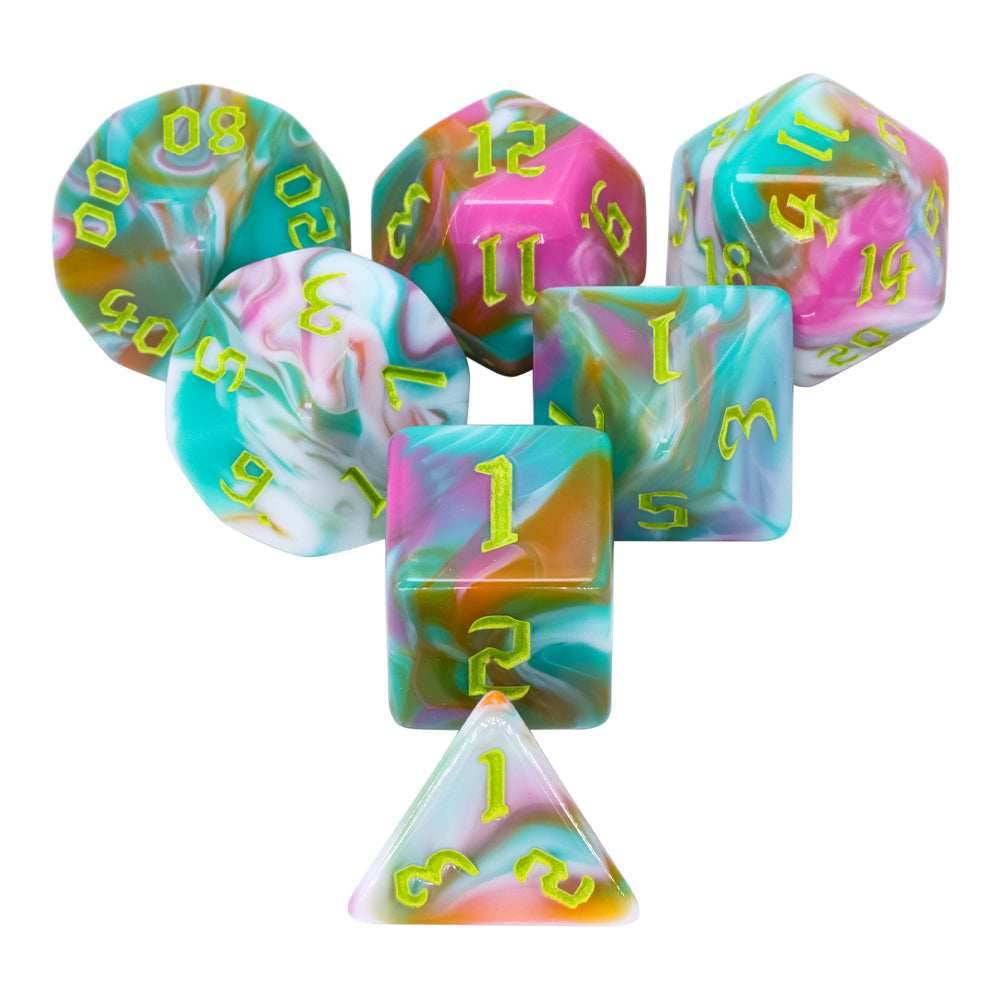 Teal Sky 7-Dice Set Pastel Green Pink w/Green Numbers Dnd Dice Set -
