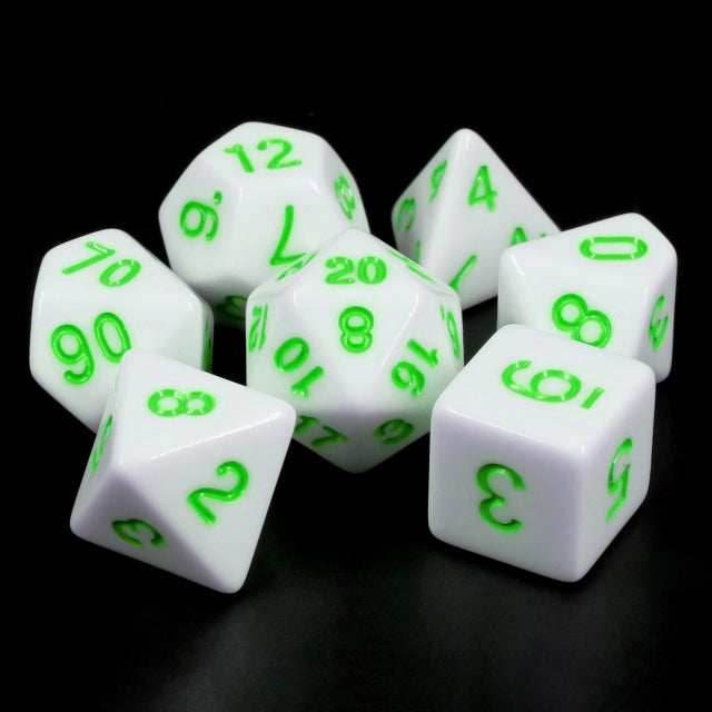 White Opaque with Green Numbering 7-Dice Set RPG -