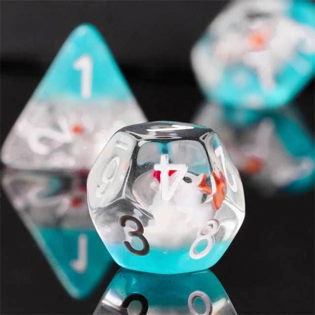 White Duck Red Hat on Blue 7-Dice Set w/White Numbers Dnd Dice Set -