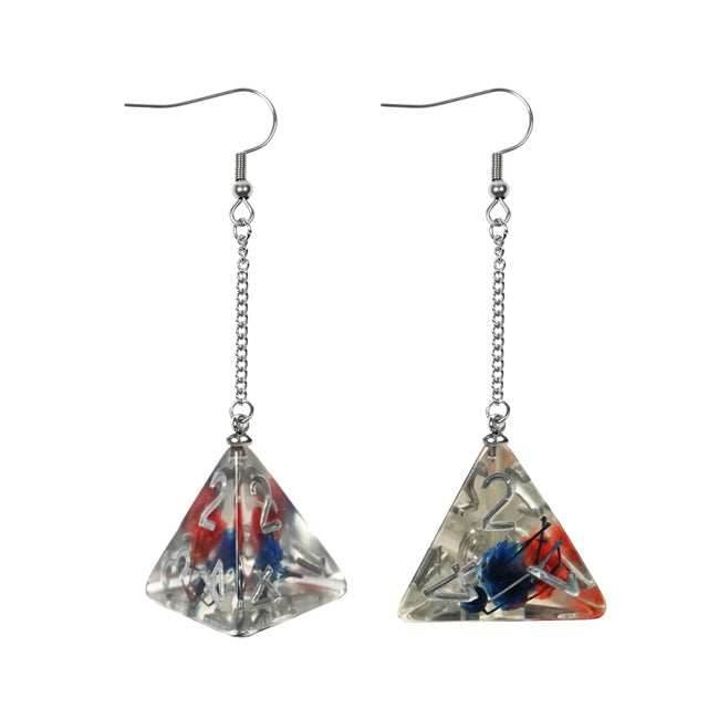 Red/Blue Dice Earrings: D4 Dice w/Colorful Inclusion Nerdy RPG Jewelry -