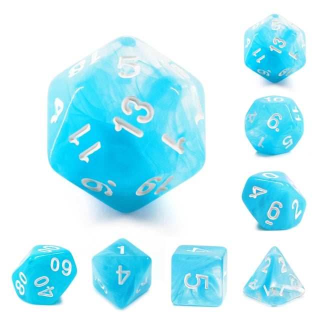 Sky Blue Swirl with White Numbering 7-Dice Set RPG -