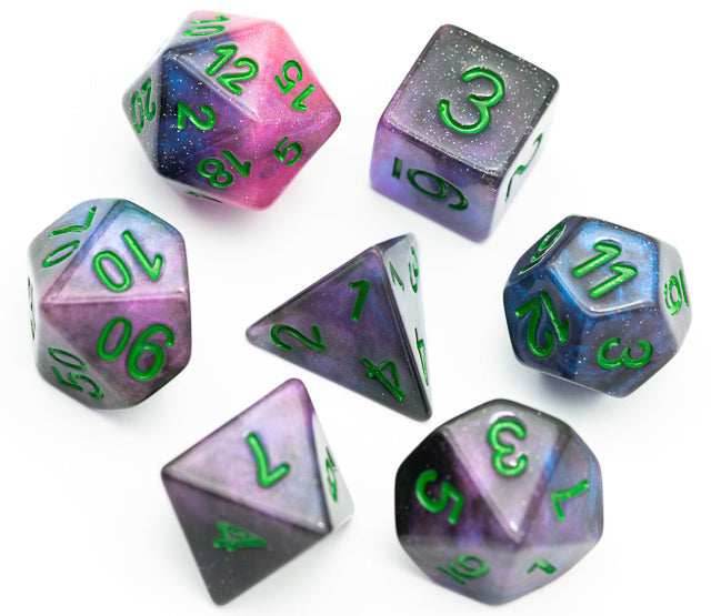 Purple & Blue w/green Galaxy Glitter 7-Dice Set RPG -