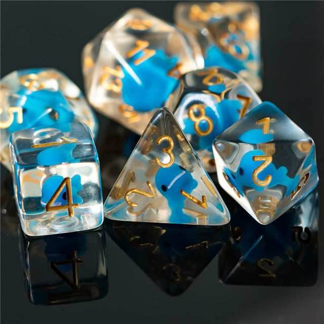 Blue Whale Dice Clear Dice w/ Blue Whales 7-Dice Set Rpg -