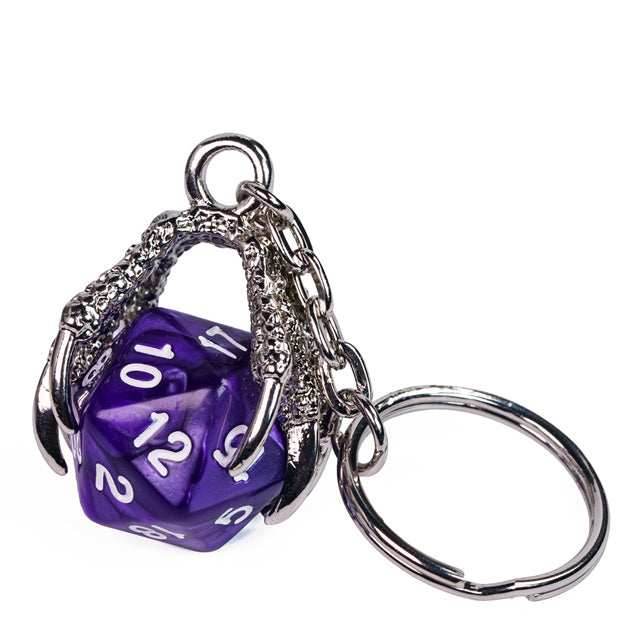 Claw Purple D20 Keychain Featuring Silver Metal Dragon Claw + d20 -