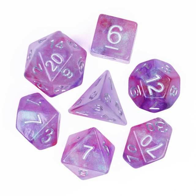 Resin Galaxy Purple 7-Dice Dnd Dice | Glitter w/Silver Numbers Set -