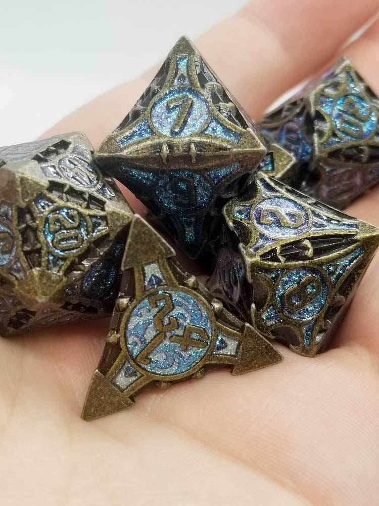 Dark Silver w/purple-blue Glitter Barbed Strengthened Metal 7-Dice Set | Metal DND Dice -