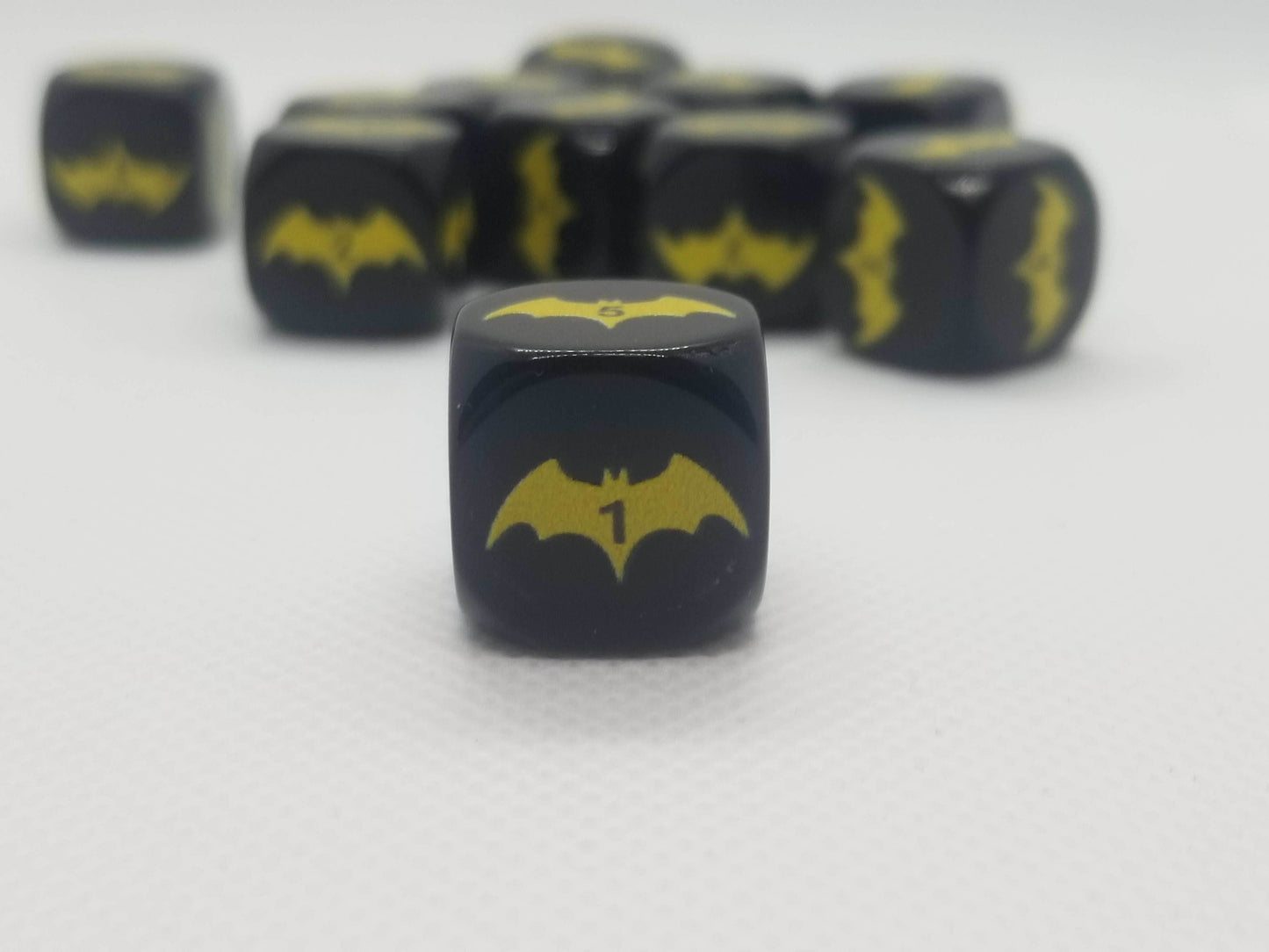 Yellow Bat Black Dice 6 Sided 16mm (Custom Printed) -