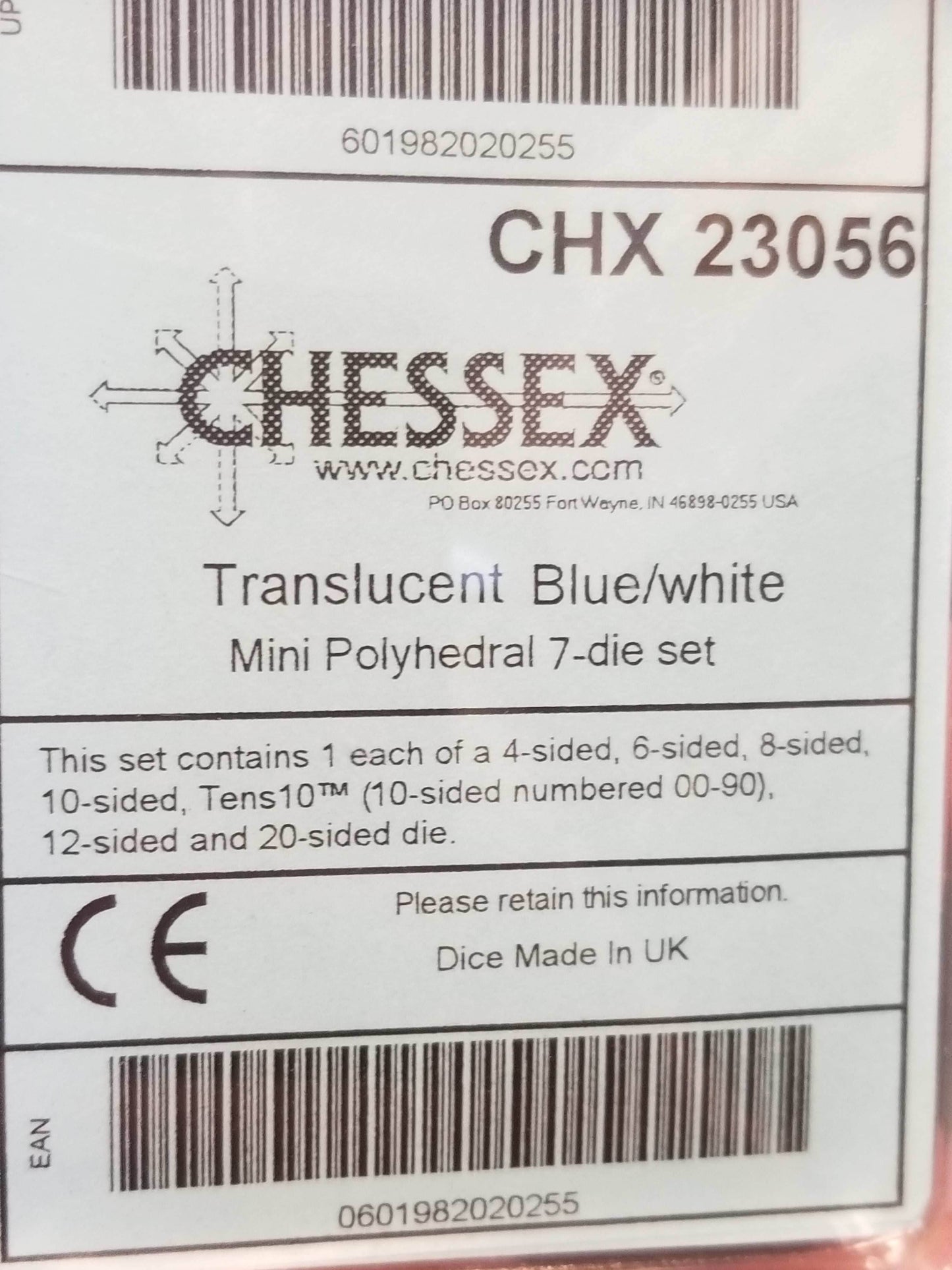 Chessex Translucent Blue w/ White Mini Polyhedral 7-die Set CHX 23056 OOP -