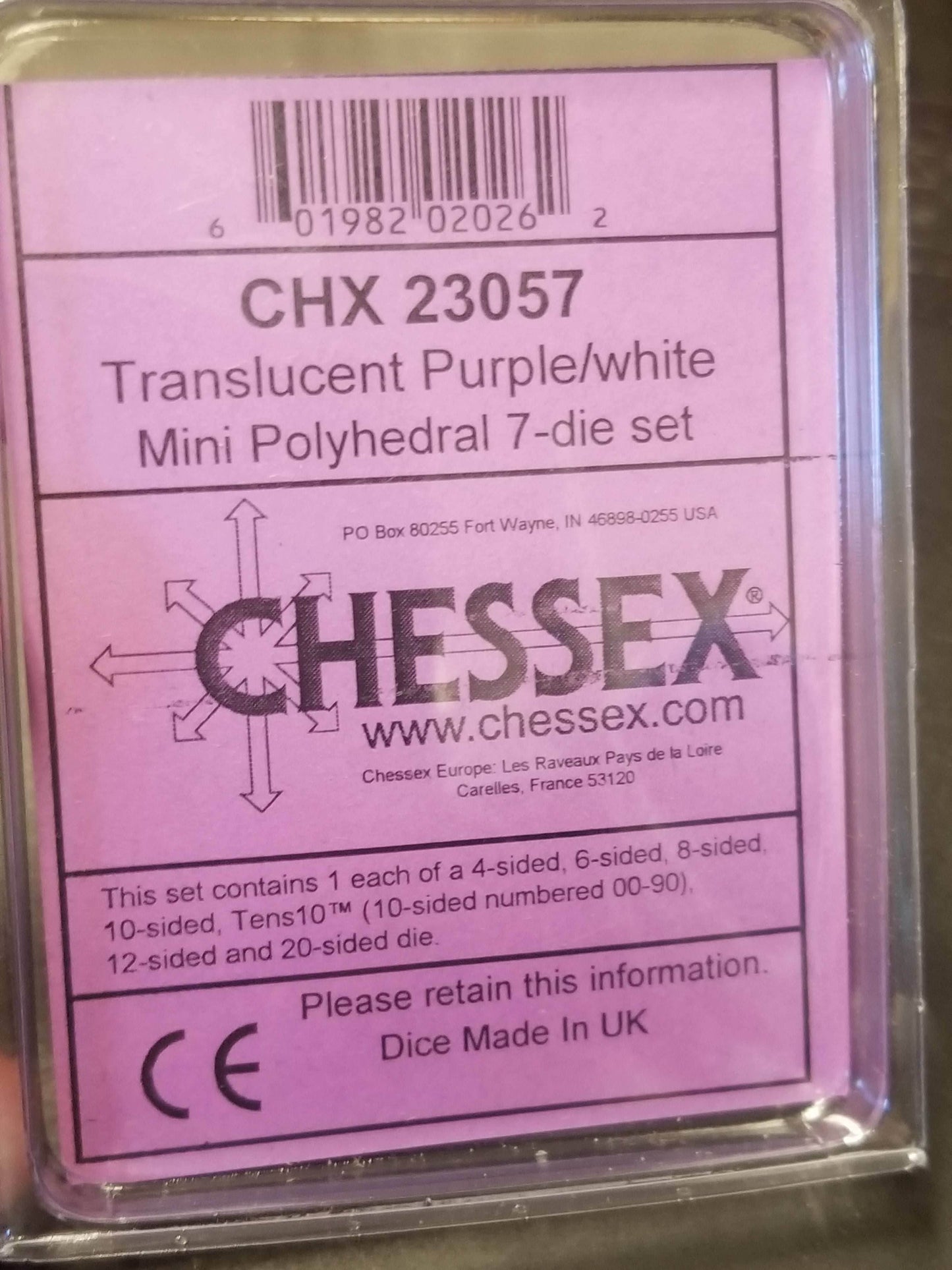 Chessex Translucent Purple w/ White Mini Polyhedral 7-die Set CHX 23057 OOP -