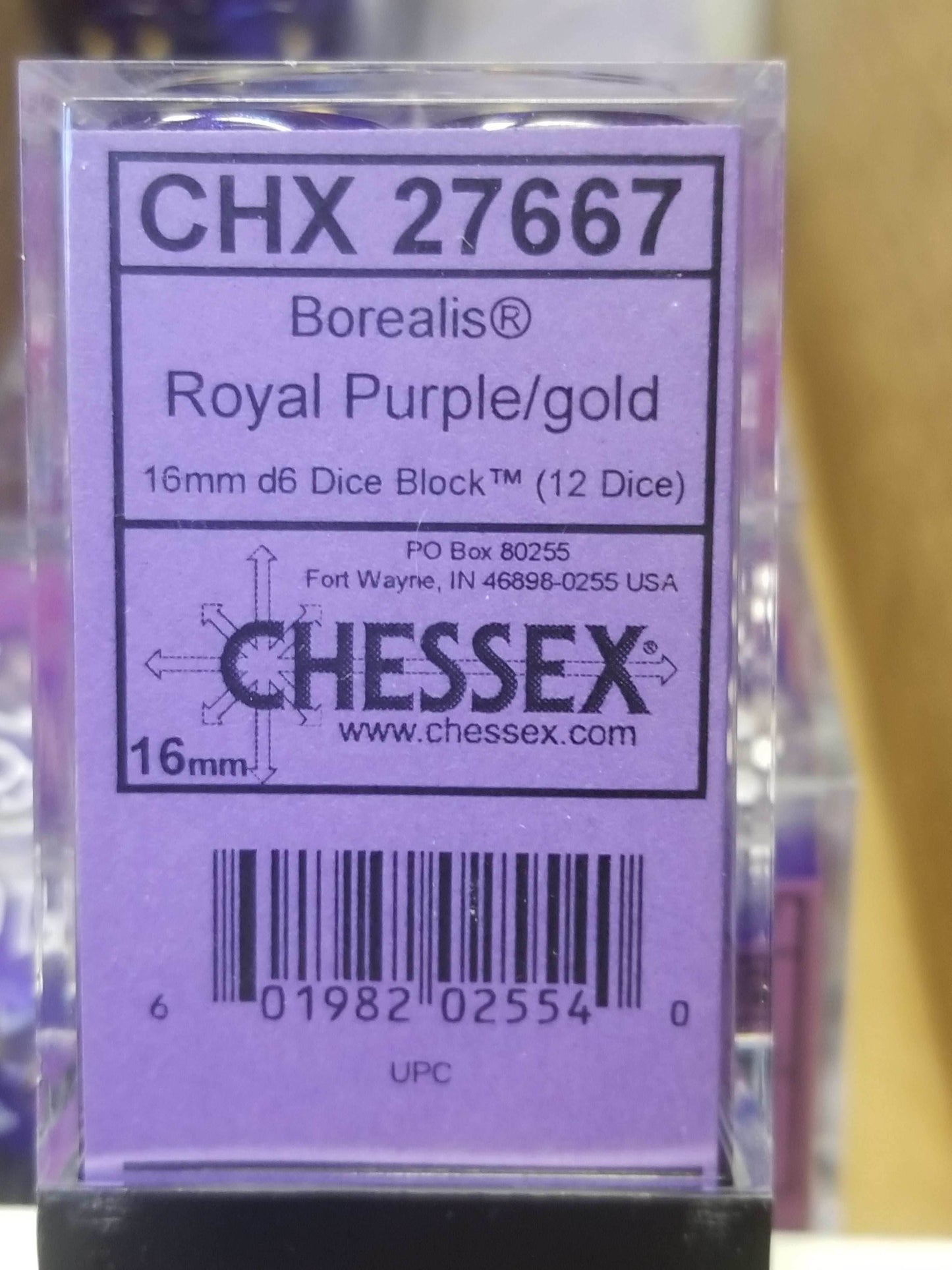 CHX 27667 16mm Block Borealis Royal Purple w/ Gold Numbers Dice Set Chessex -