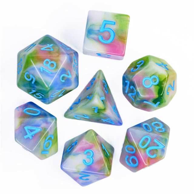 Earthly 4-Color 7-Dice Dnd Dice | Green White Green w/Blue Numbers Set -