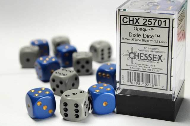 Opaque 16mm d6 Dixie Dice™ 12-Die Set (6 Blue/yellow, 6 Dark Grey/black) -