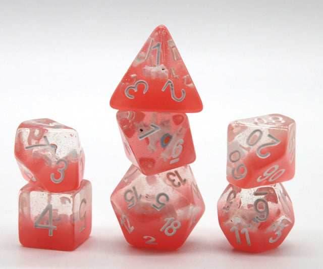 Red Nobel Unicorn Resin Glitter White Numbers 7-Dice Set Rpg -