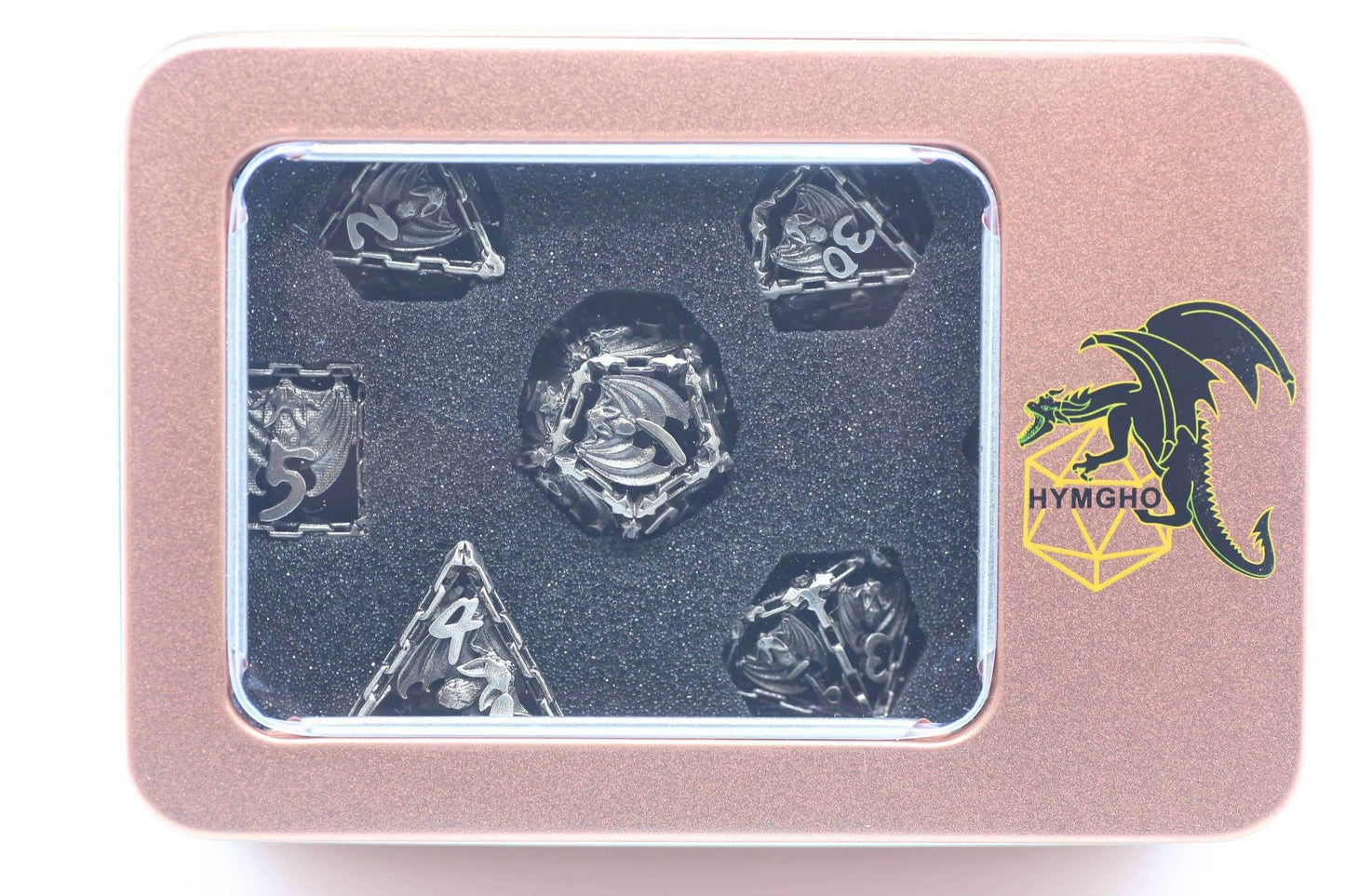 Ancient Silver Hollow Metal Bat Polyhedral Dice Set -