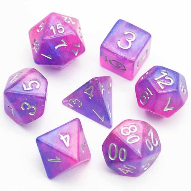 Pink & Blue w/silver Galaxy Glitter 7-Dice Set RPG -