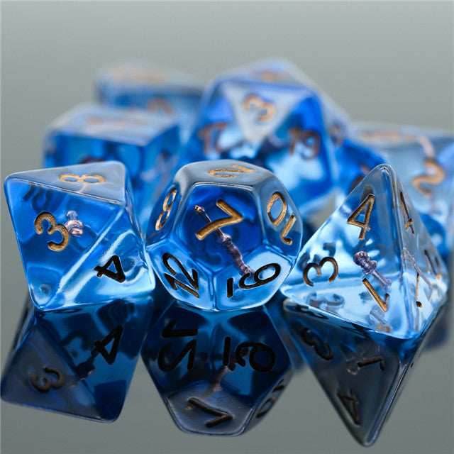 Wizard (Magic Wand) Clear Blue Dice w/ Golden Wand 7-Dice Set Rpg -