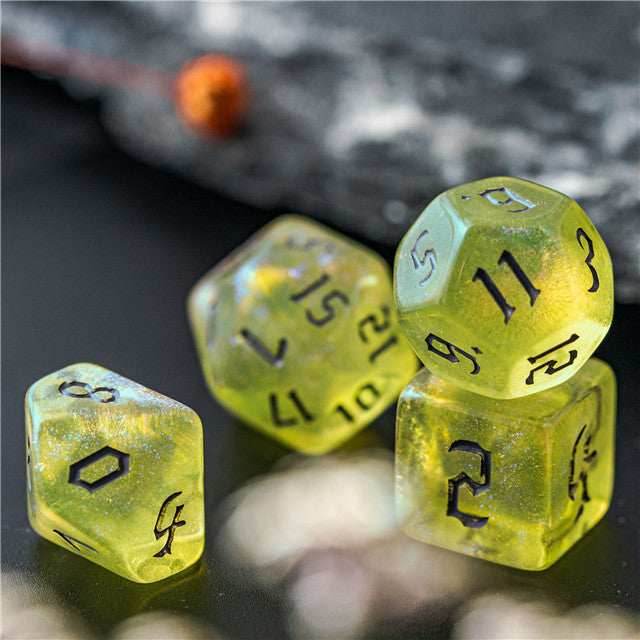 Yellow Glitter Party Glitter Dice (Silver font) 7-Dice Set RPG DND -