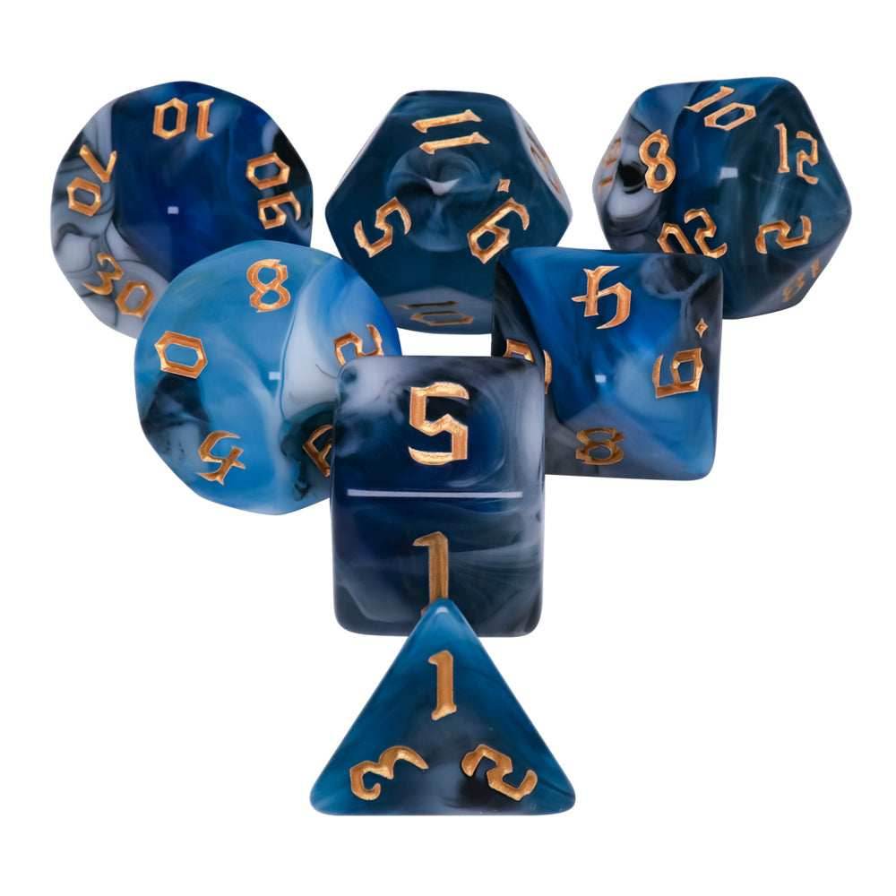 Blue Warrior 7-Dice Dnd Dice Blue | White w/Gold Numbers Set -