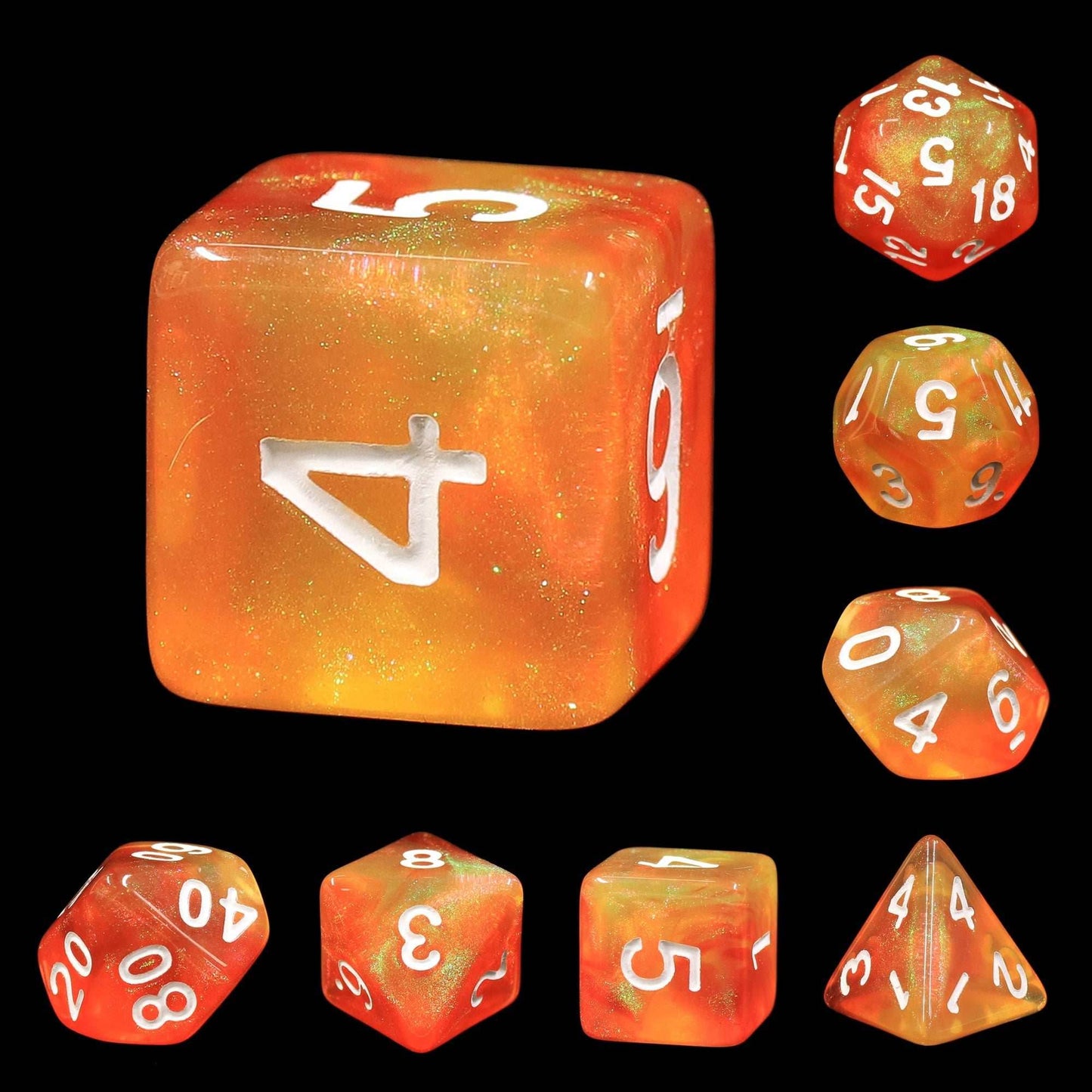 Walking the Sun Orange/Yellow Glitter 7-Dice Set by HendgaDice -