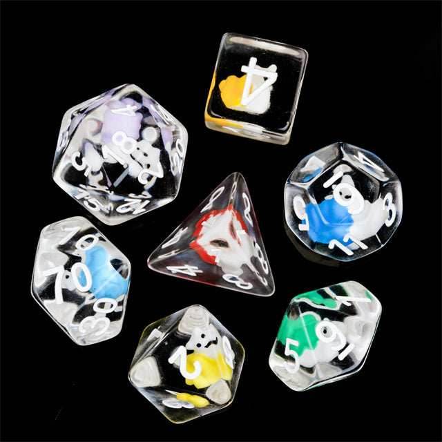 7-Color Snail Dice | Clear RPG 7-Dice Set w/ Colorful Snails Inside -