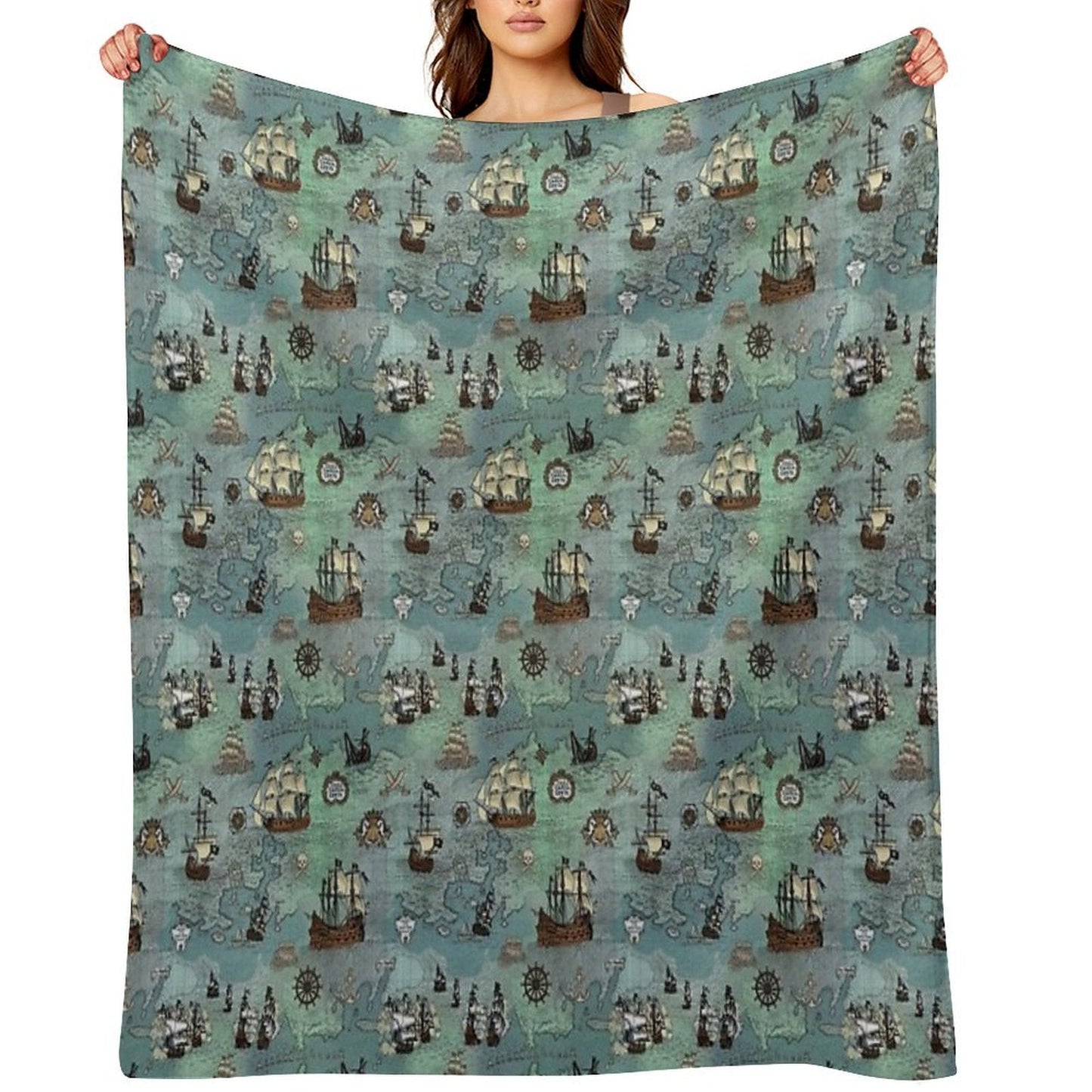 Pirate Map Nautical Sea Print Ocean Blue & Sea Glass Green Throw Blanket