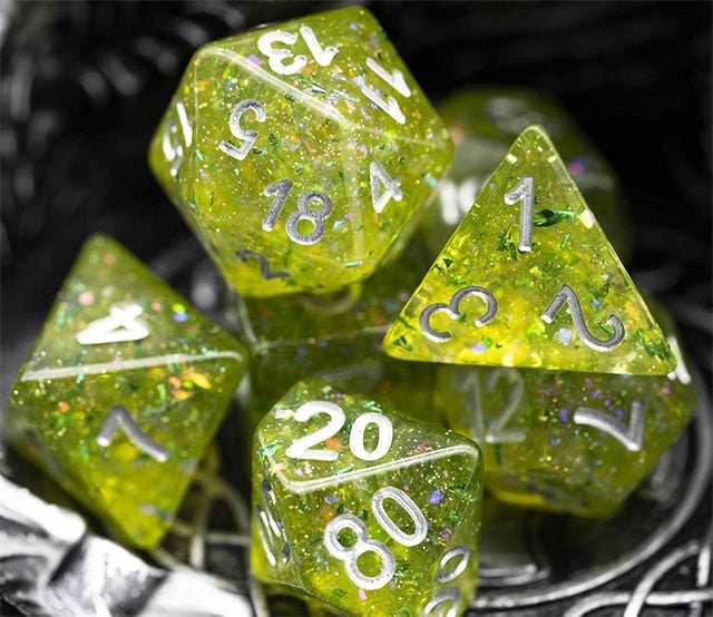 Green Cloud Brocade Powder 7-Dice Dnd Dice | Glitter w/Silver Numbers Set -