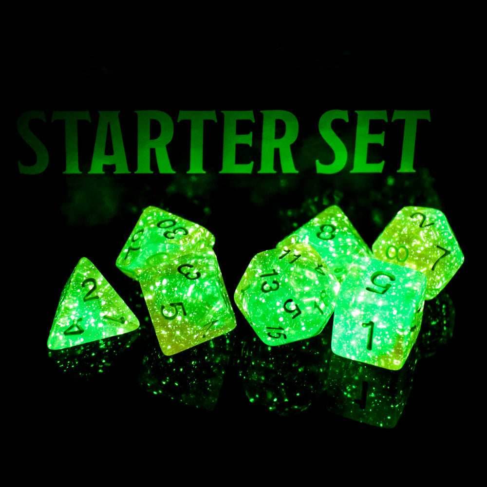 Rebirth 7-Dice Set Green/Pink w/White Numbers Dnd Dice Set (Blacklight reactive) -