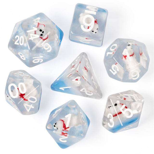 Polar Bear on Blue 7-Dice Set w/White Numbers Dnd Dice Set -