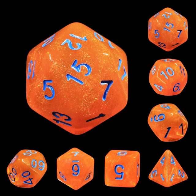 Pumpkin's Orange Glitter with Blue Numbering 7-Dice Set RPG -