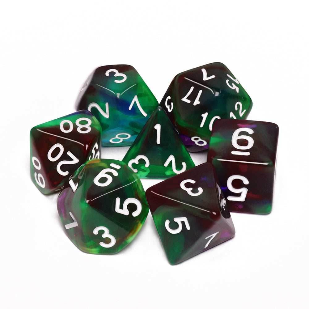Bottom of the Sea 7-Dice Set Green/Mix w/White Numbers Stained Glass Dnd Dice Set -