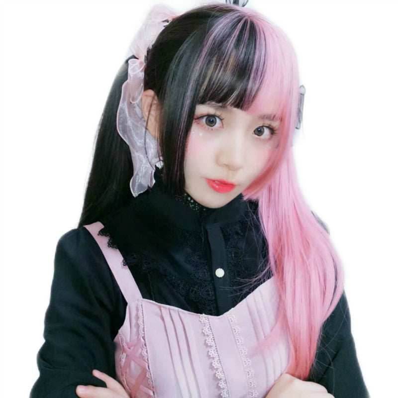 Anime Cosplay Wig Female Long Straight Hair - Black light pink