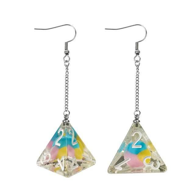Dice Earrings: D4 Dice w/Colorful Inclusion Nerdy RPG Jewelry -