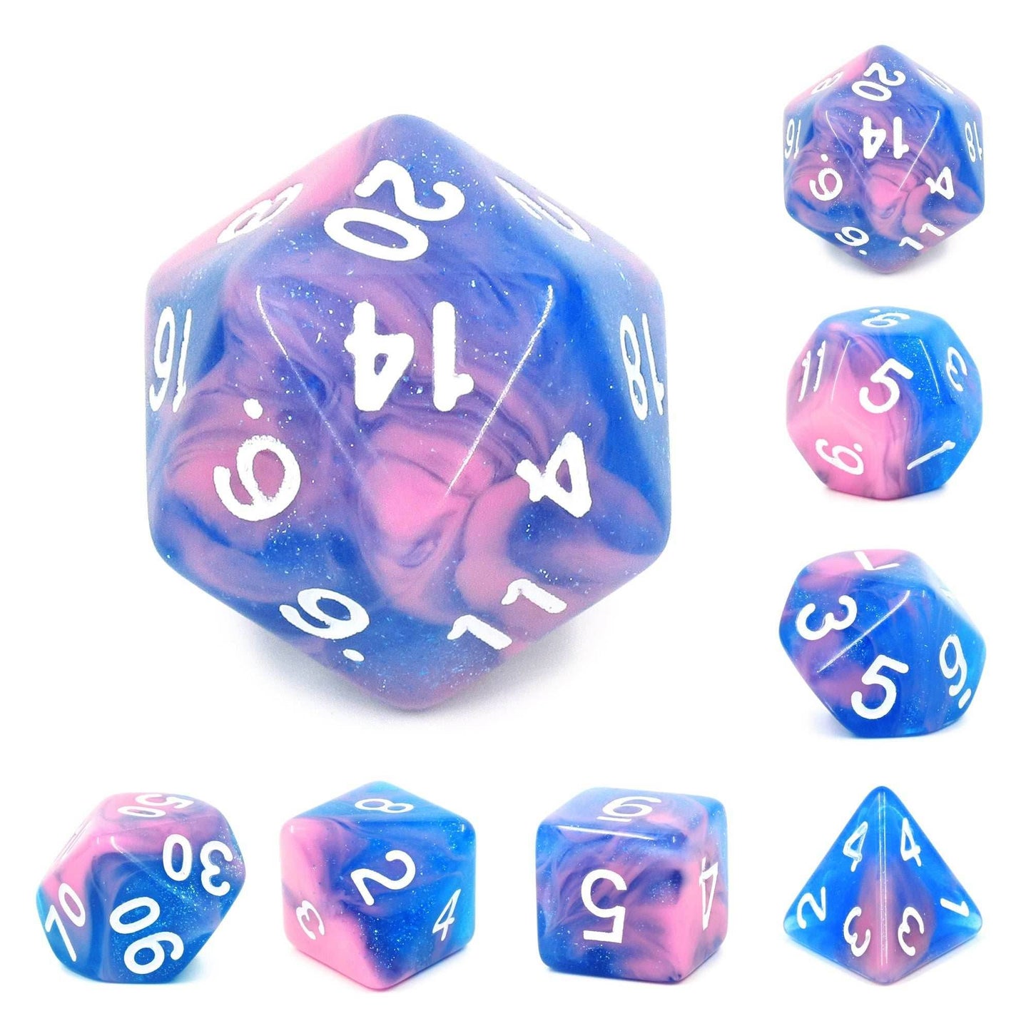 Miami Vice Blue/Pink Glitter/Swirl 7-Dice Set by HendgaDice -