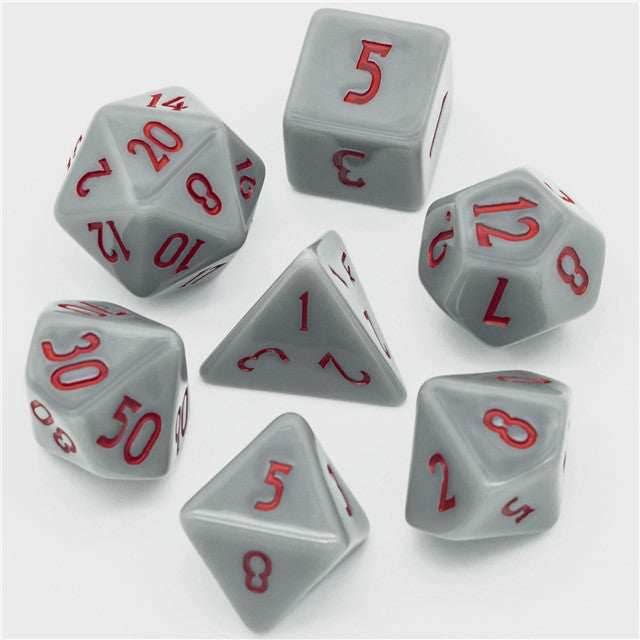 Grey Homage 7-Dice Set w/Red Numbers Minimalist -