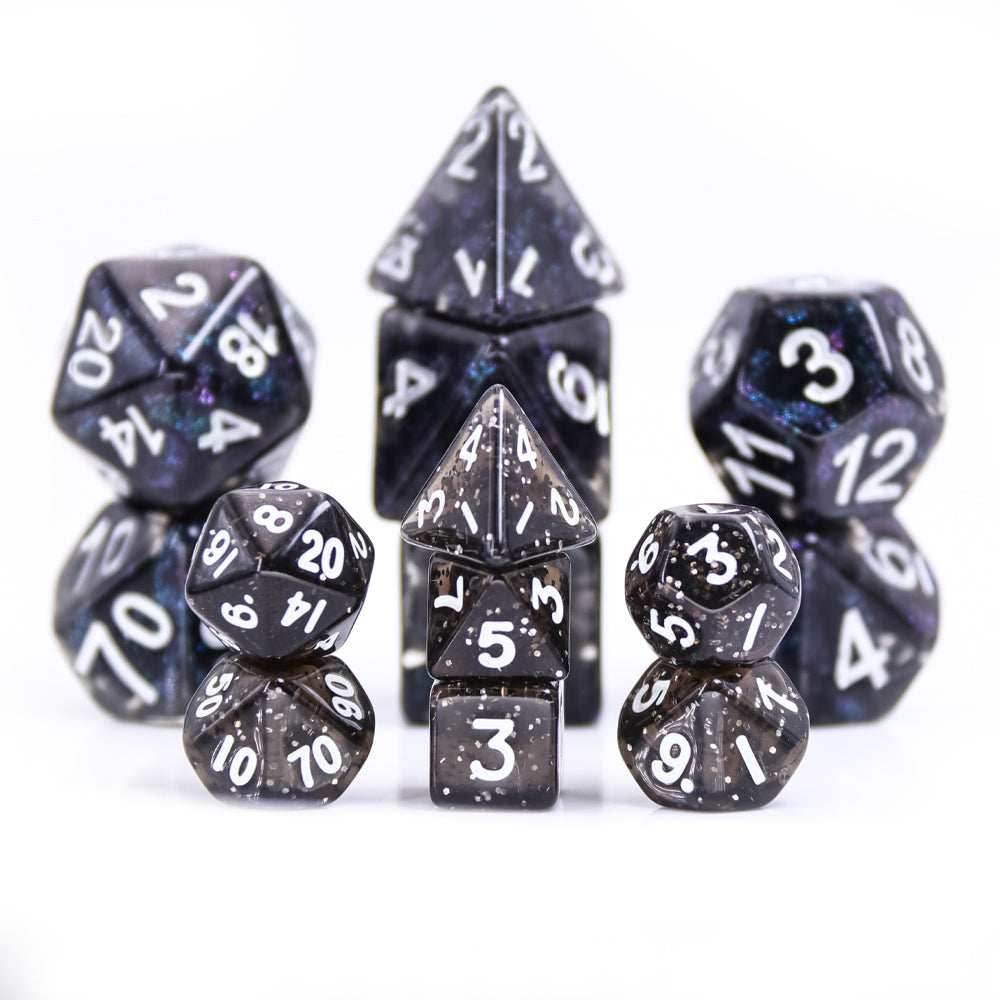 Black Glitter 7-Dice Mini-Dice RPG Set w/White Numbers Miniature Dice -