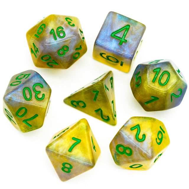 Blue & Yellow w/green Galaxy Glitter 7-Dice Set RPG -