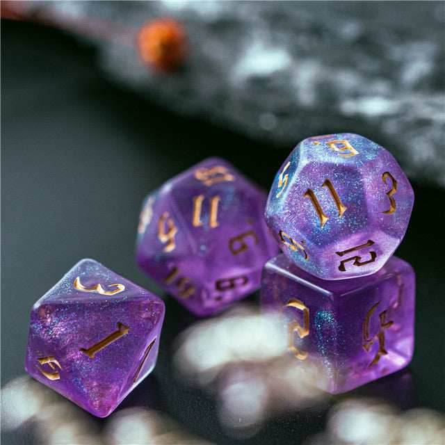 Purple Glitter Party Glitter Dice (Gold font) 7-Dice Set RPG DND -