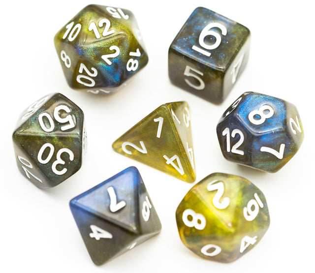 Yellow & Blue w/white Galaxy Glitter 7-Dice Set RPG -