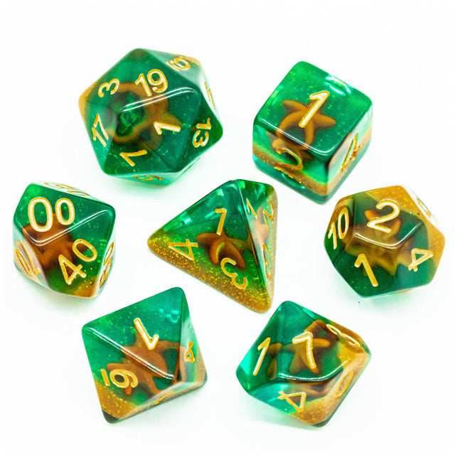 Green and Gold Starfish Dice 7-Dice Set Resin Dungeons and Dragons Dice -