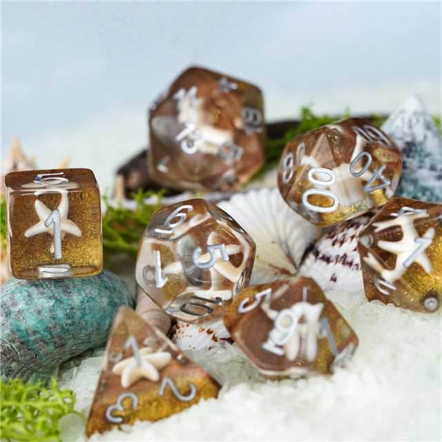 White Starfish Dice on Gold 7-Dice Set Resin Dungeons and Dragons Dice -
