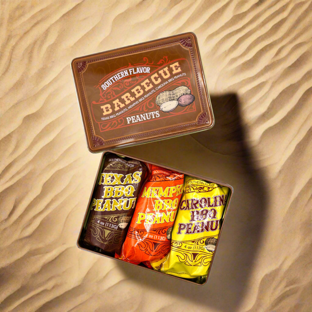 Southern BBQ Peanuts Men's Gift Tin – 3 Gourmet BBQ Flavors | Texas, Memphis & Carolina Peanuts