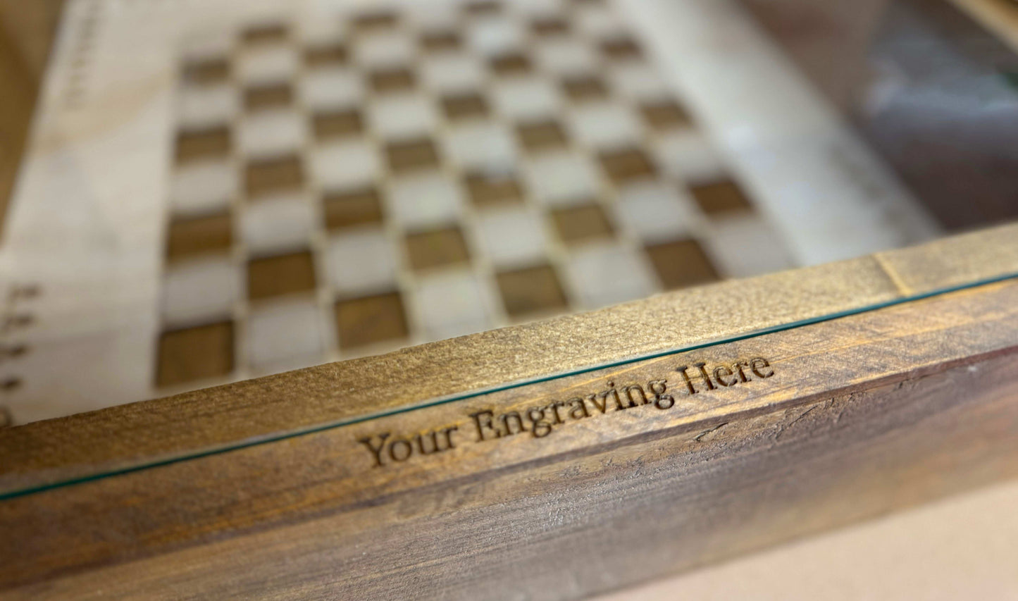 Rustic Chess and Checkers Table with removable glass top - chess and checkers pieces included -