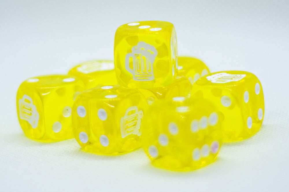 Clear Yellow w/White 16mm d6 Dice Featuring a White Mug on the '1' side (sold per die) -
