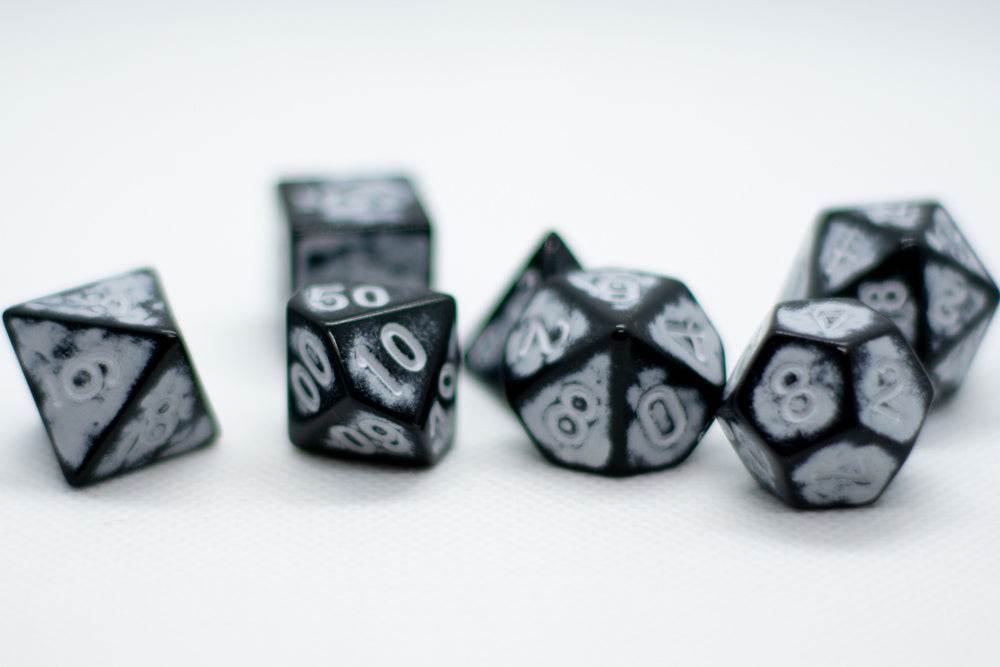 White Distressed Ancient 7-Dice Set Black w/White Dnd Dice -