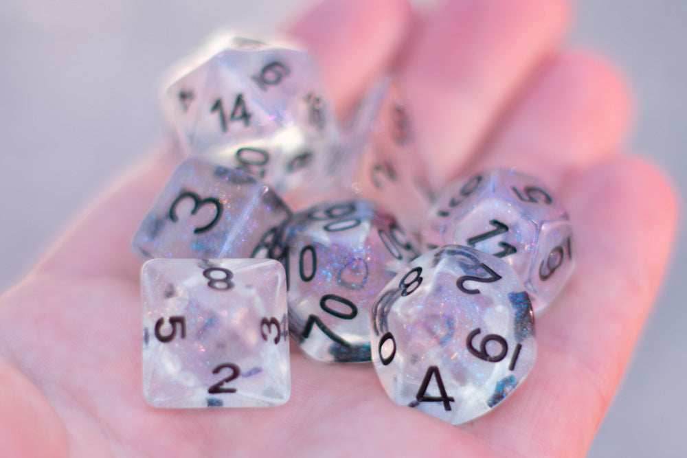 The Time Walker | Clear Glitter 7-Dice Set RPG Dice Set w/Black -