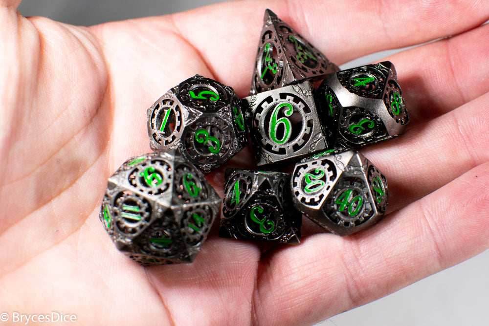 Gun Metal Hollow Gear Dice with Green Numbers 7-Dice Set -