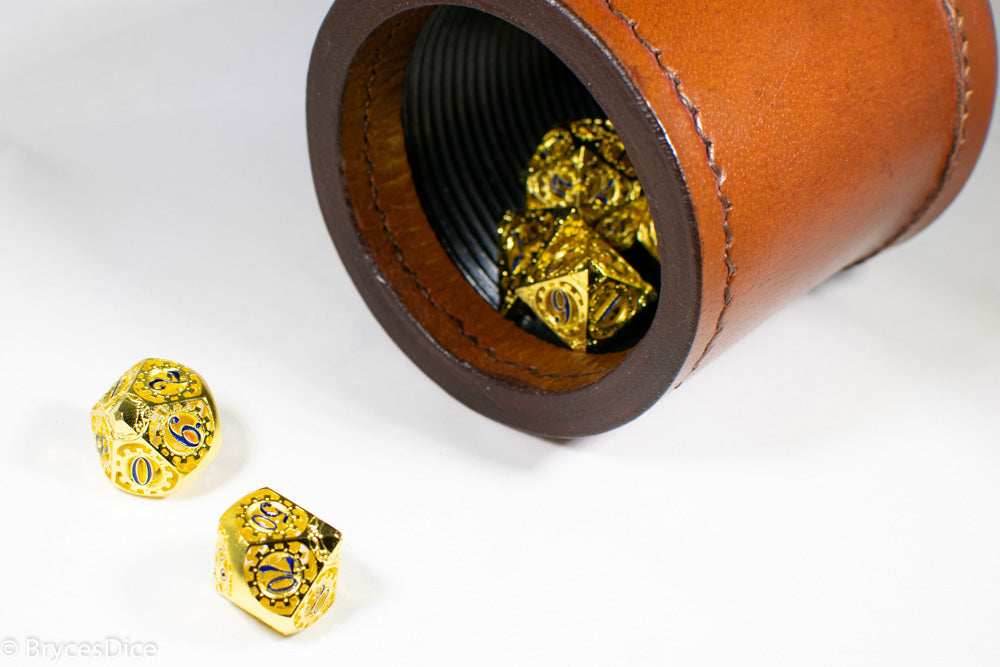 Gold Metal Hollow Gear Dice with Blue Numbers 7-Dice Set -