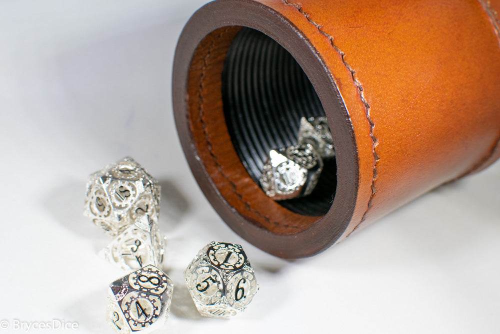 Silver Metal Hollow Gear Dice with Black Numbers 7-Dice Set -